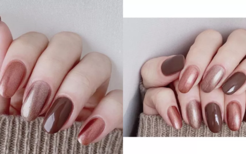 奶茶和咖啡组合的美甲，高級温婉，指尖散发着雅致