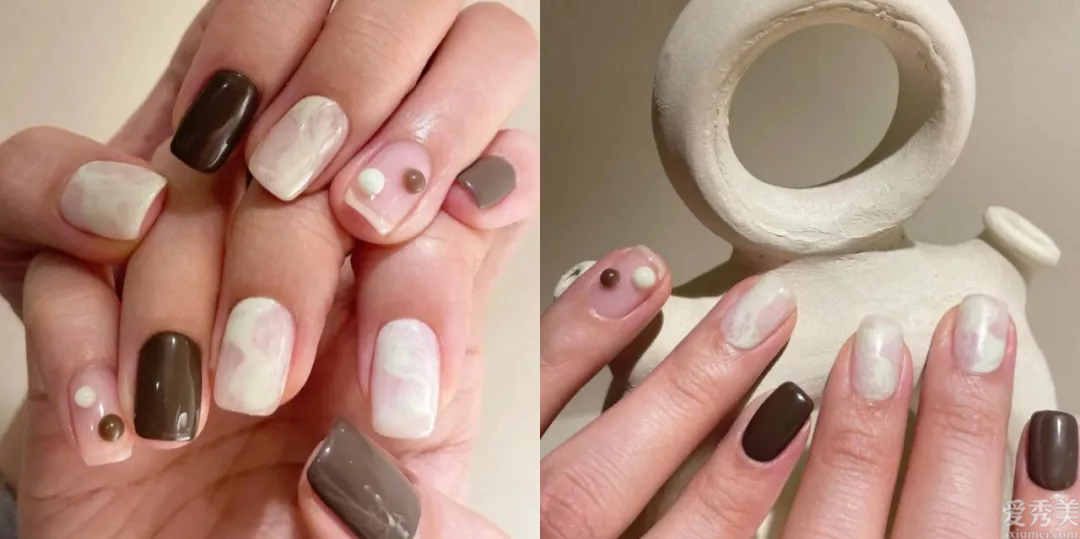 奶茶和咖啡组合的美甲，高級温婉，指尖散发着雅致